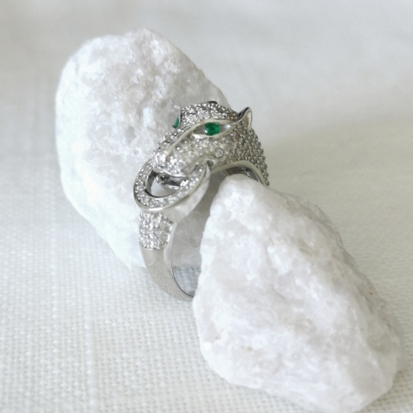 Panther Ring sterling silver cz and emerald eye cat size 7 - Picture 5 of 12